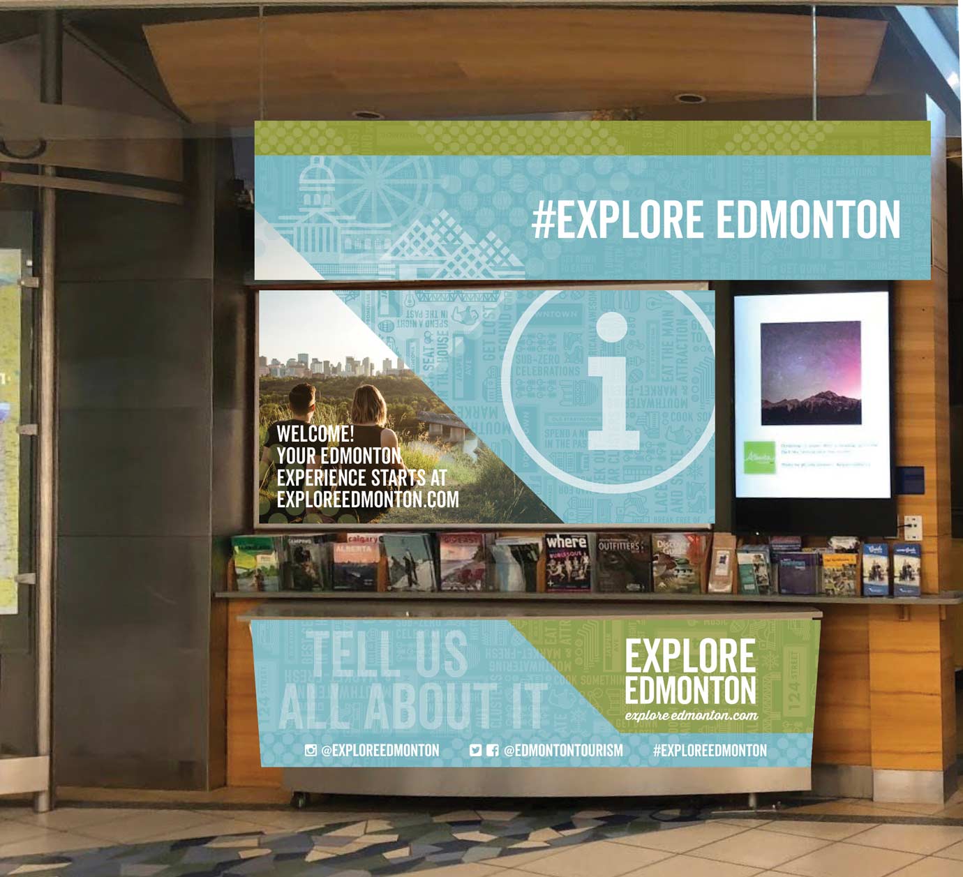 image of Explore Edmonton information booth graphics at Edmonton Airport